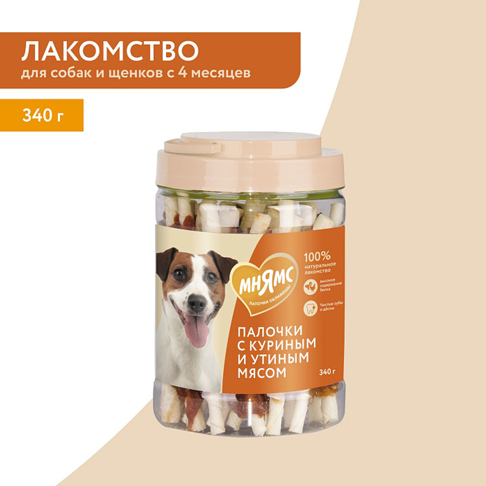Лакомство для собак на каждый день палочки с куриным и утиным мясом Мнямс 340г, 12 шт в упаковке