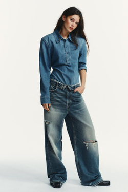 ZARA ДЖИНСЫ TRF СО СРЕДНЕЙ ПОСАДКОЙ И ОТВЕРНУТЫМ ПОЯСОМ, СИНИЙ