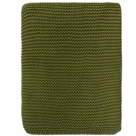 Плед из хлопка жемчужной вязки оливкового цвета Essential, 130х180 см
