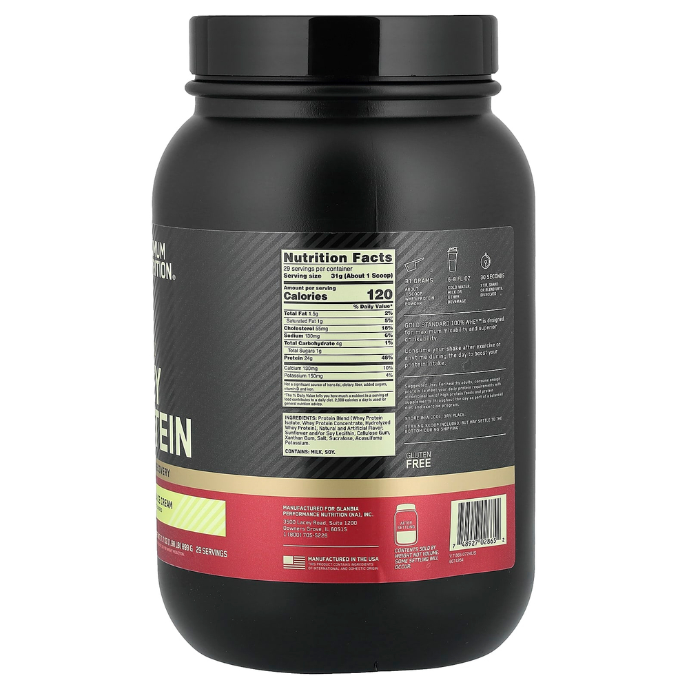 Optimum Nutrition, Gold Standard 100% Whey, сыворотка, ванильное мороженое, 907 кг (2 фунта)