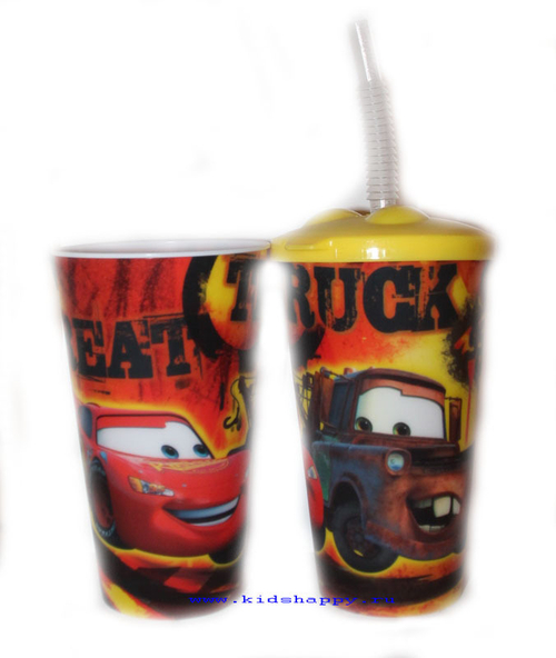 Бокал (600мл, с крышкой и соломинкой, с 3D рисунком, №1). ТАЧКИ