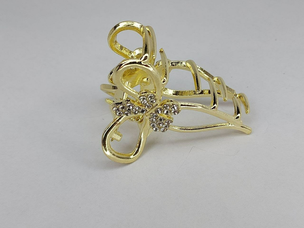 Заколка Краб "Бантик" со стразами.  Для коротких волос. Золото. Усиленная.