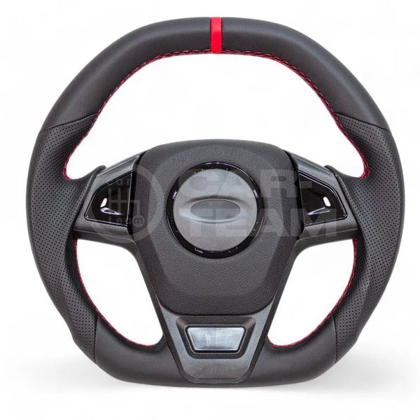 Руль анатомический "Барс GT" на ВАЗ 2108, 2109, 21099, 2110, 2111, 2112, 2113, 2114, 2115 со ставками черный лак в экокоже и центральной отметкой (красная отстрочка, красная отметка)