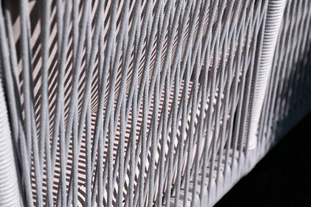 "Канны" диван 2-местный плетеный из роупа, каркас алюминий белый муар, роуп светло-серый круглый, ткань серая 017