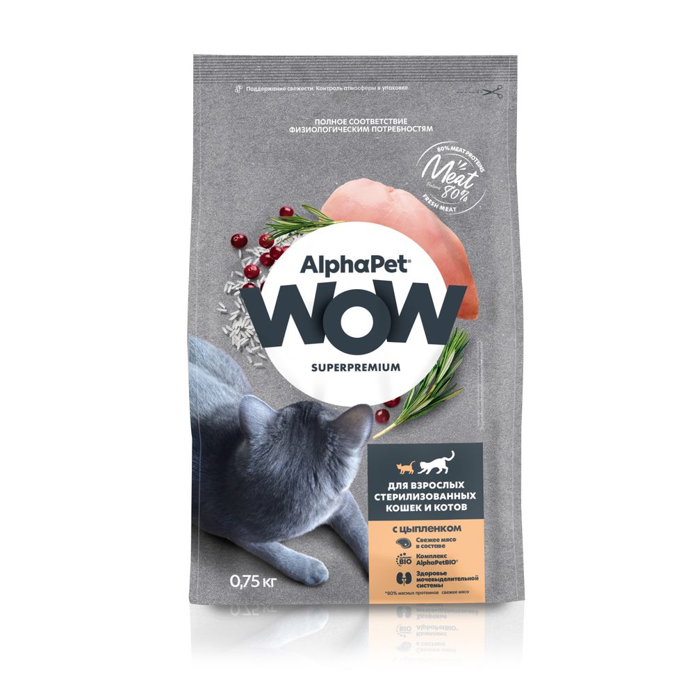 Сухой корм ALPHAPET WOW SUPERPREMIUM для взрослых стерилизованных кошек и котов c цыпленком 750 г