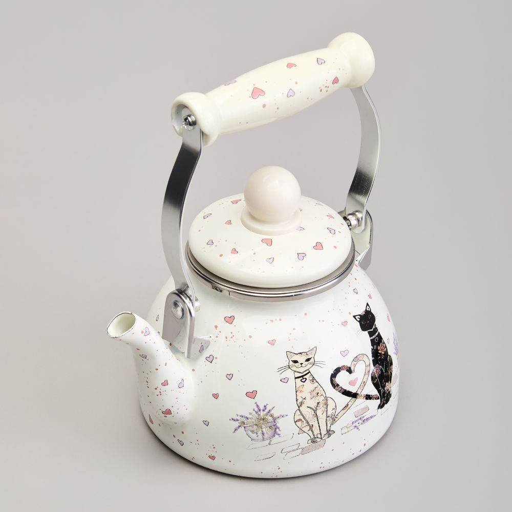 ЧАЙНИК AGNESS ЭМАЛИРОВАННЫЙ СО СЪЕМНЫМ ФИЛЬТРОМ ИЗ НЖС СЕРИЯ "LAVANDER CATS", 1,1 Л