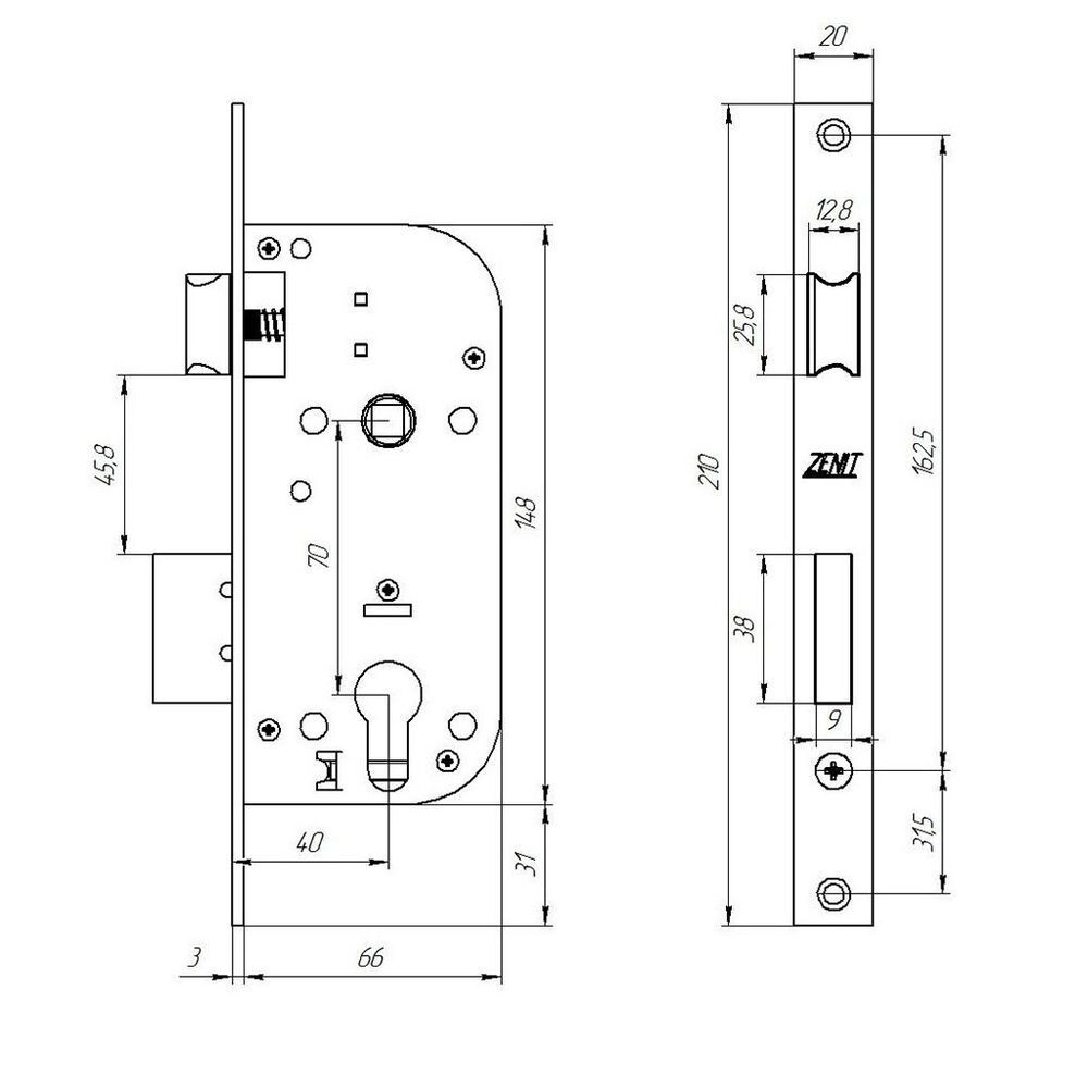 Замок врезной Зенит, ЗВ7-70.4-02, БП-00009840, ручка в комплект, цилиндровый, медь