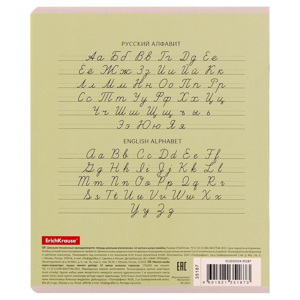 Тетрадь школьная А5 12л косая линия,зеленая "Классика" (Erich Krause) микс цветов (комплект 3 шт)