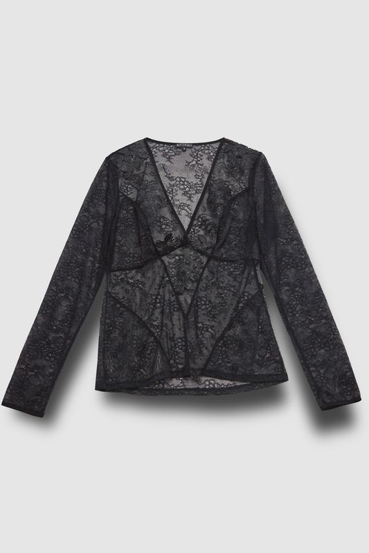 Лонгслив из сетки и кружева, черный