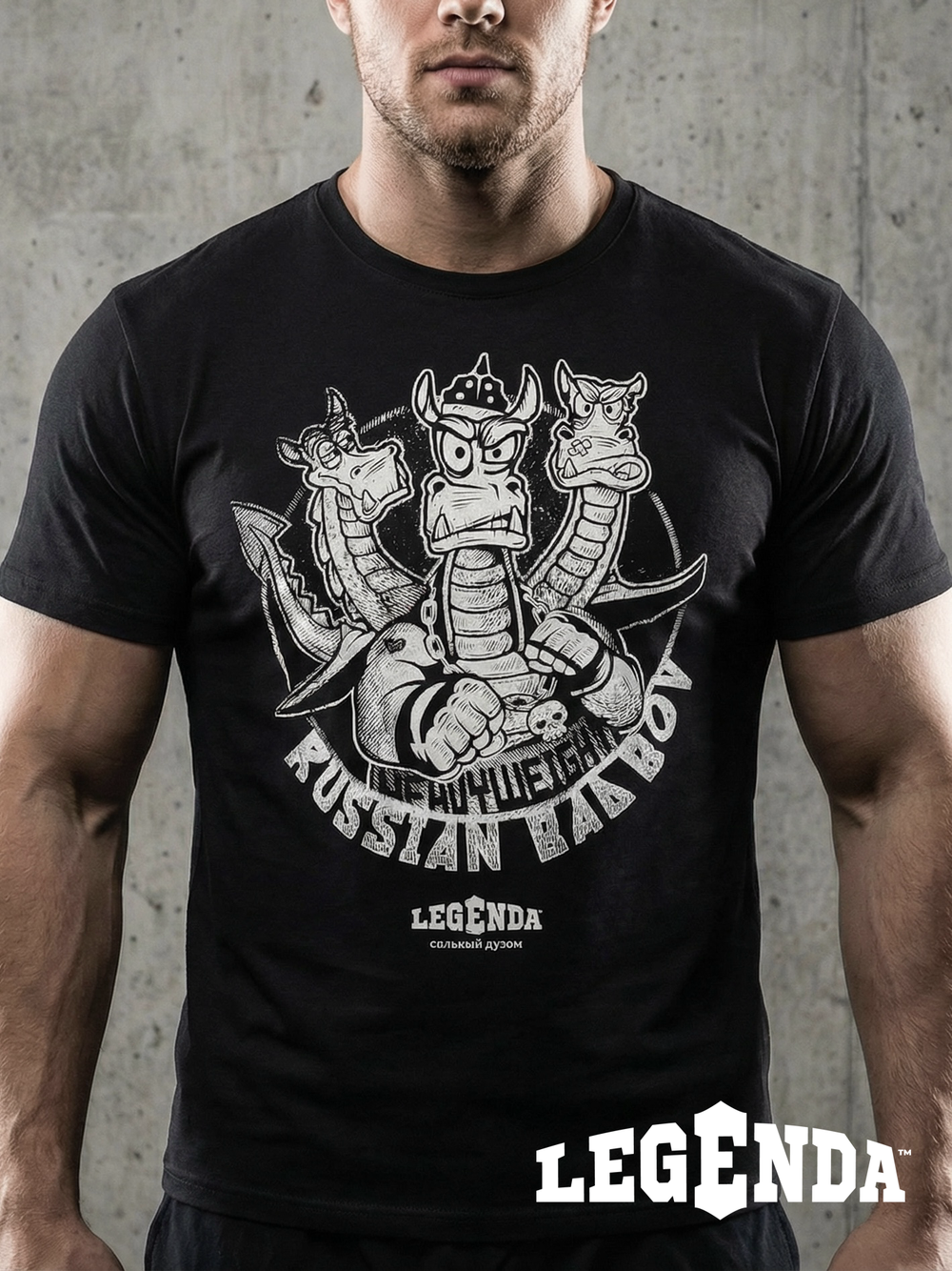 Футболка спортивная хлопковая мужская черная LEGENDA Горыныч белый