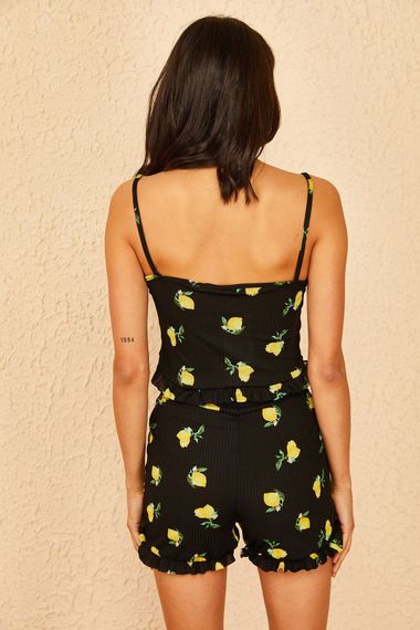 Qadın üçün fırfırlı qara-sarı pijama  10061017