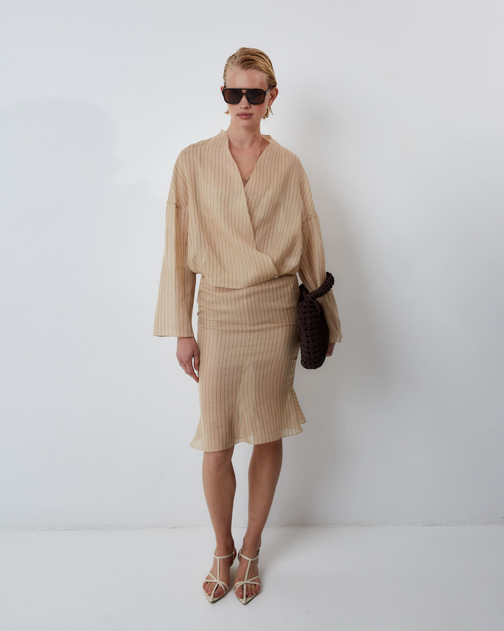 Блуза на запах из хлопка Брунелло Кучинелли бежевый/серебристый