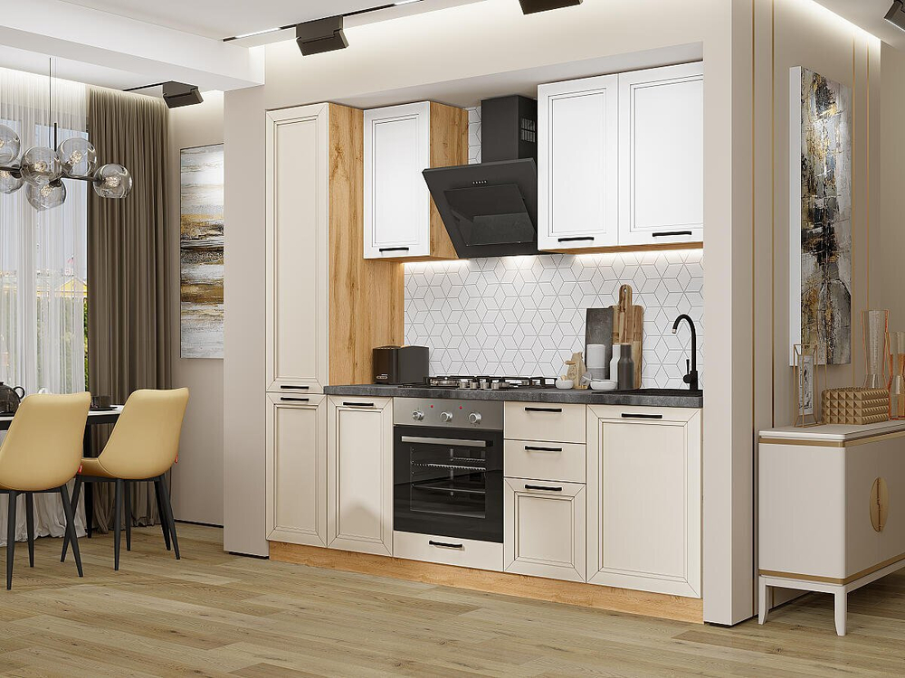 Прямая модульная кухня Нео-02 White Silk/Cream Silk - Дуб Вотан 2140*2300*600