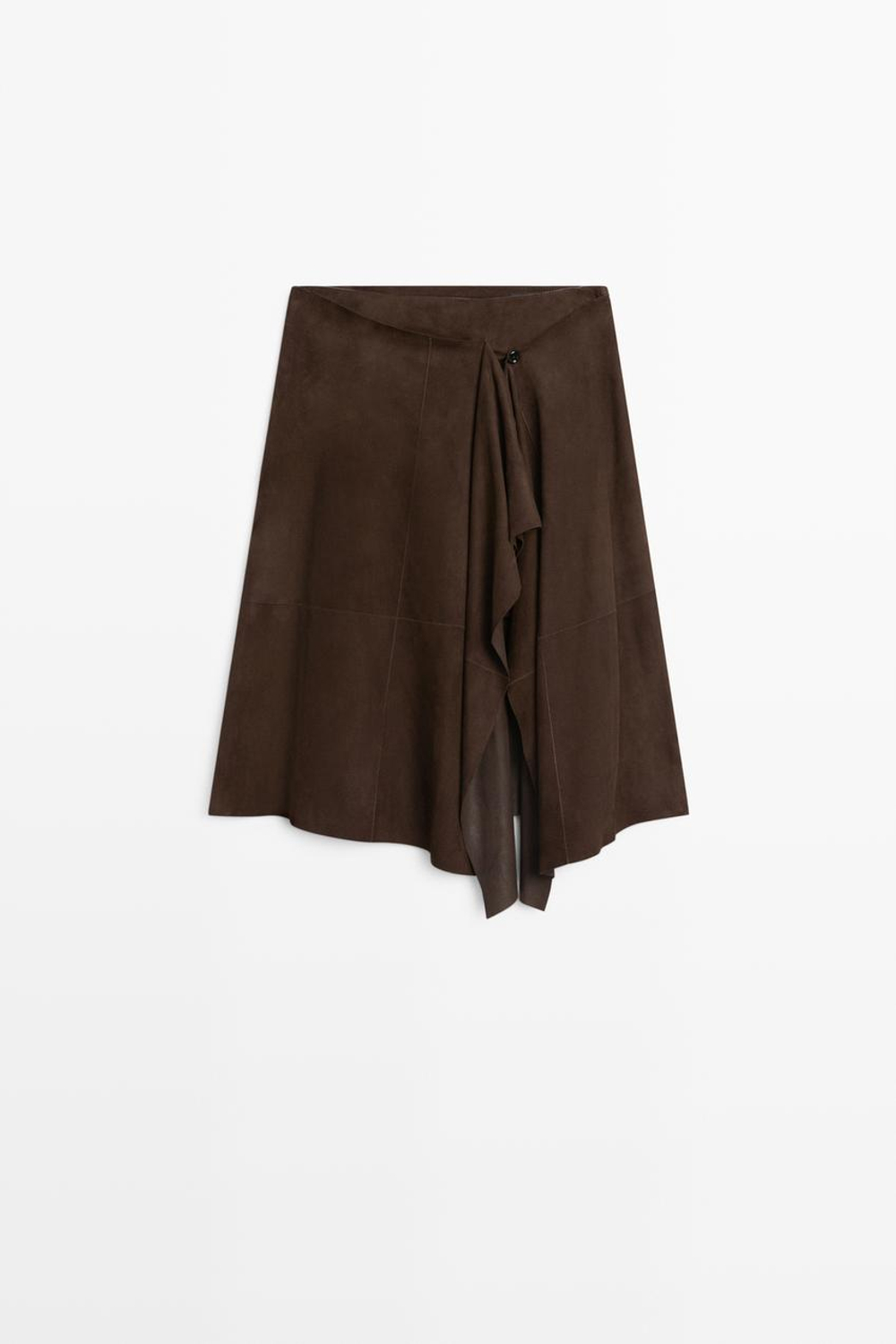 Massimo Dutti Замшевая кожаная юбка миди с оборками, коричневый