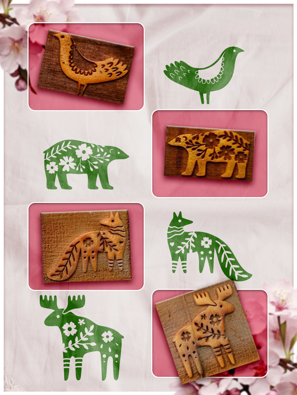 Комбо деревянные штампы 001, 002, 011, 014 + травяная по ткани 20 мл