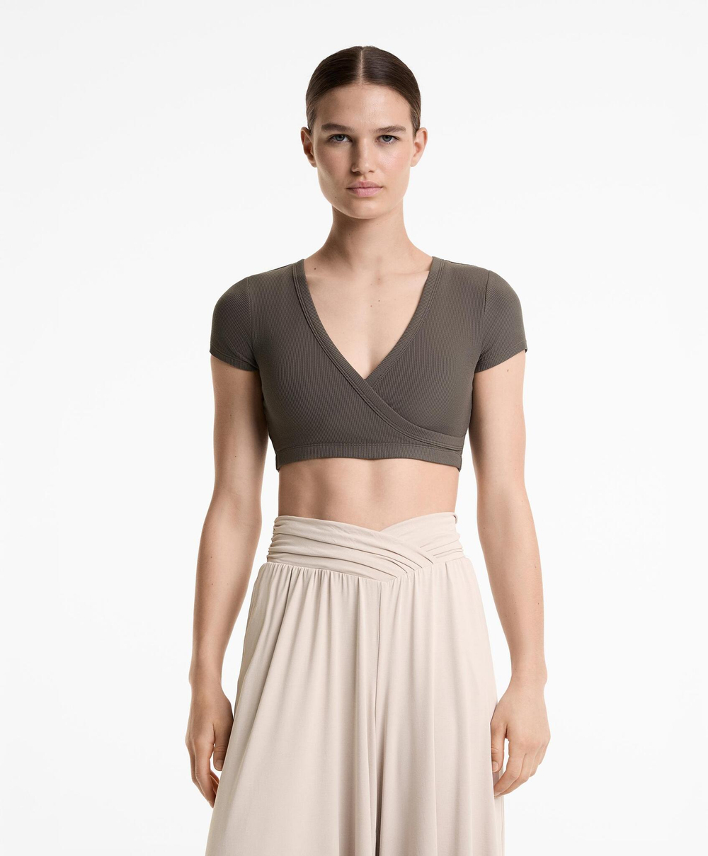 Oysho Топ с перекрестными деталями из смесового модала в рубчик, угольный