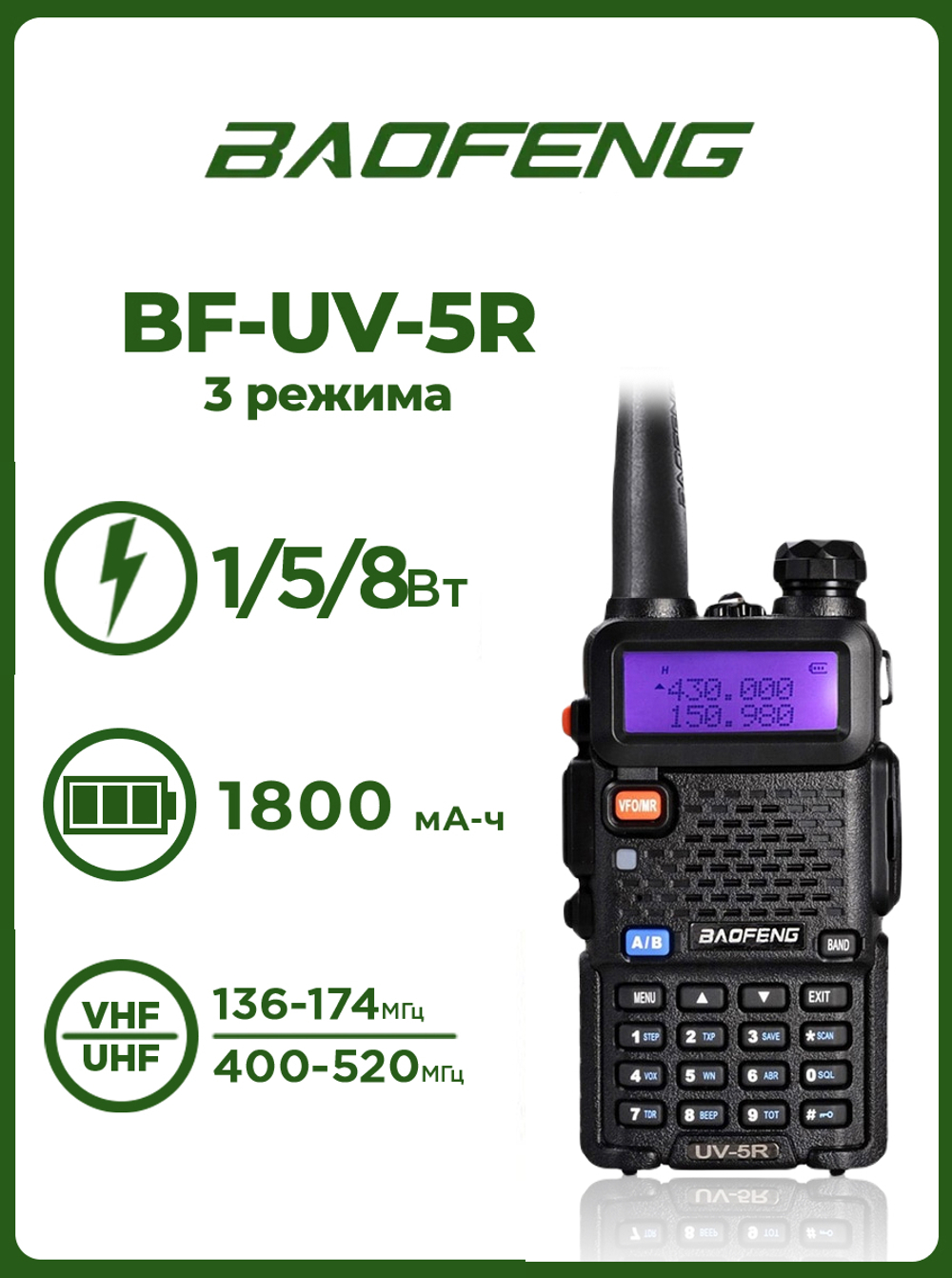 Радиостанция Baofeng UV-5R (8W) 3 режима мощности