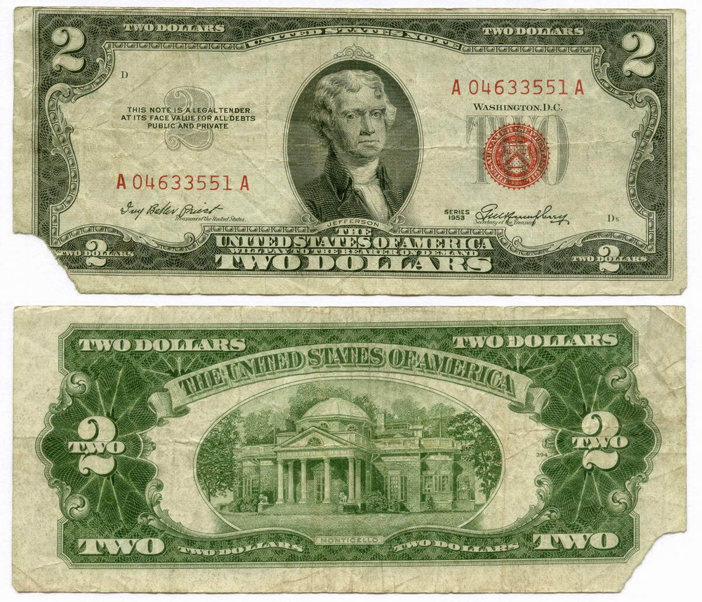 Банкнота США 2 доллара 1953 A 04633551 A. G