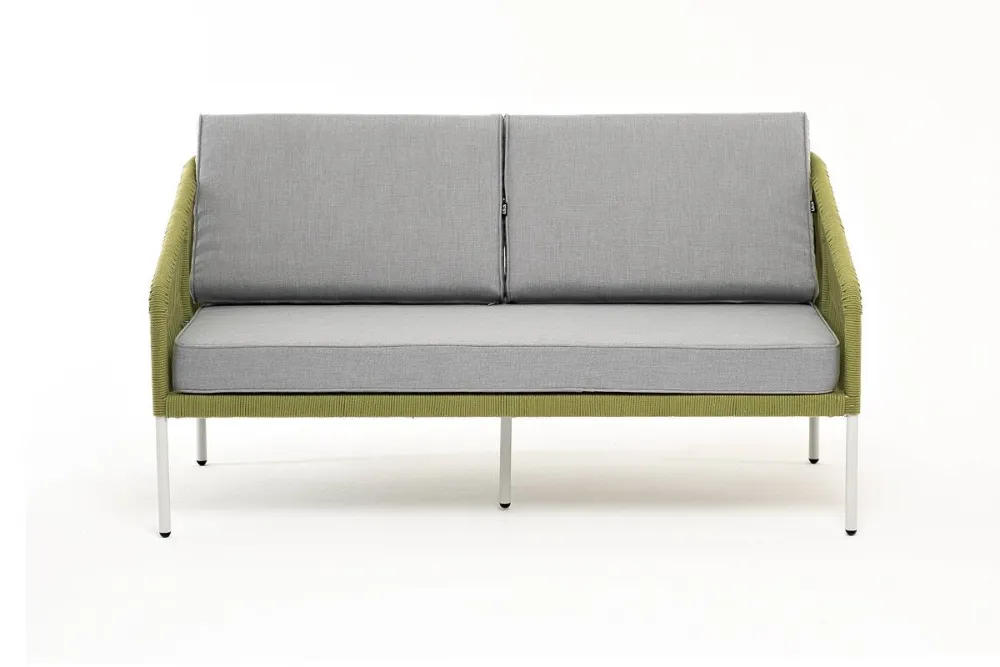"Канны" диван 2-местный плетеный из роупа, каркас алюминий светло-серый (RAL7035) муар, роуп салатовый меланж круглый, ткань светло-серая