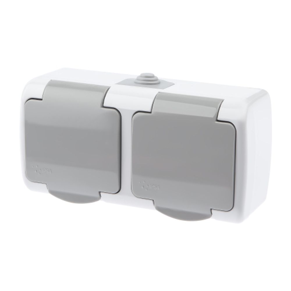 Розетка Intro Atlantic 5-204-03 двойная с заземлением 2х2P+E Schuko шторки, 16А-250В, IP54, открытой установки, серый | Intro