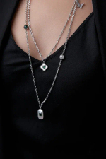 Колье "Фрея" зеленый и белый жемчуг, зеленые кристаллы и перламутр, серебро