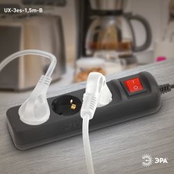 Удлинитель электрический ЭРА UX-3es-1,5m-B с заземлением с выключателем 3 розетки 1,5 м ПВС 3x0,75мм2 черный | Бытовые удлинители