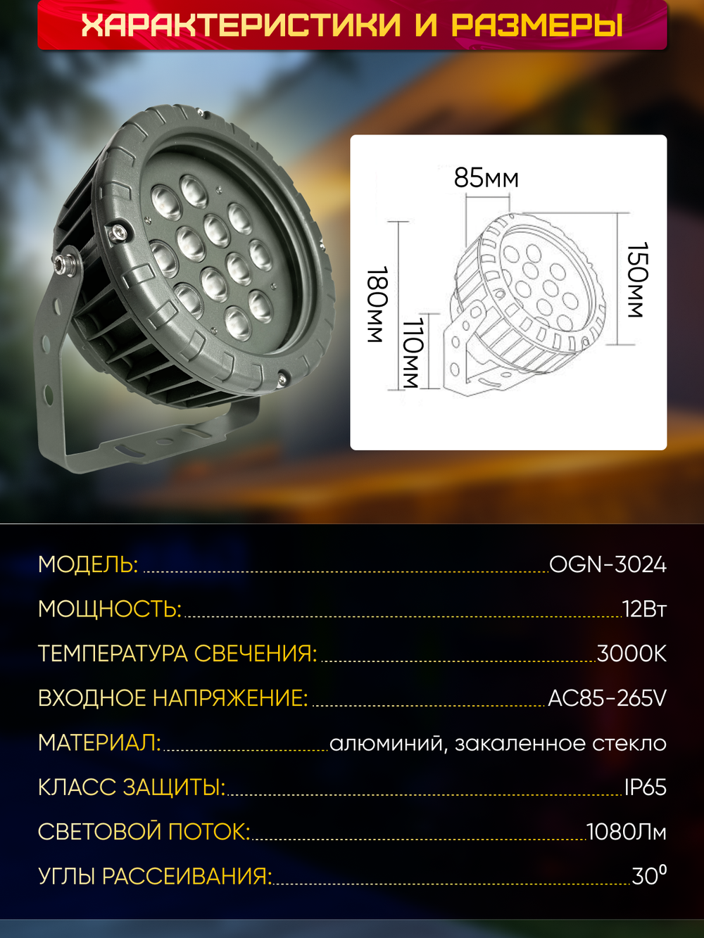 Прожектор для архитектурного и ландшафтного освещения 220V 12W 3000К теплый белый, угол 30 градусов