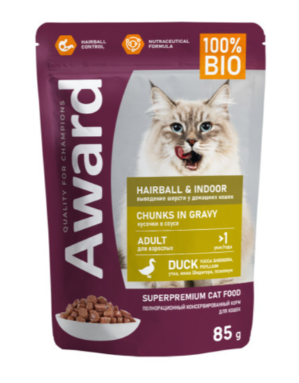 Влажный корм AWARD для взрослых кошек Hairball & Indoor для выведения шерсти, кусочки в соусе с уткой