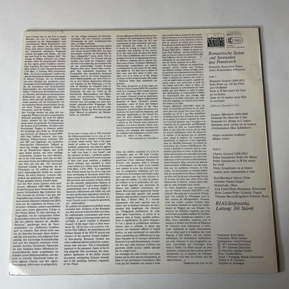 Винтажная виниловая пластинка LP Jiru Starek, RIAS Sinfonietta, Jacques Offenbach, Charles Gounod, Benjamin Godard, Romantische Suiten Und Serenaden Aus Frankreich (Германия 1977)