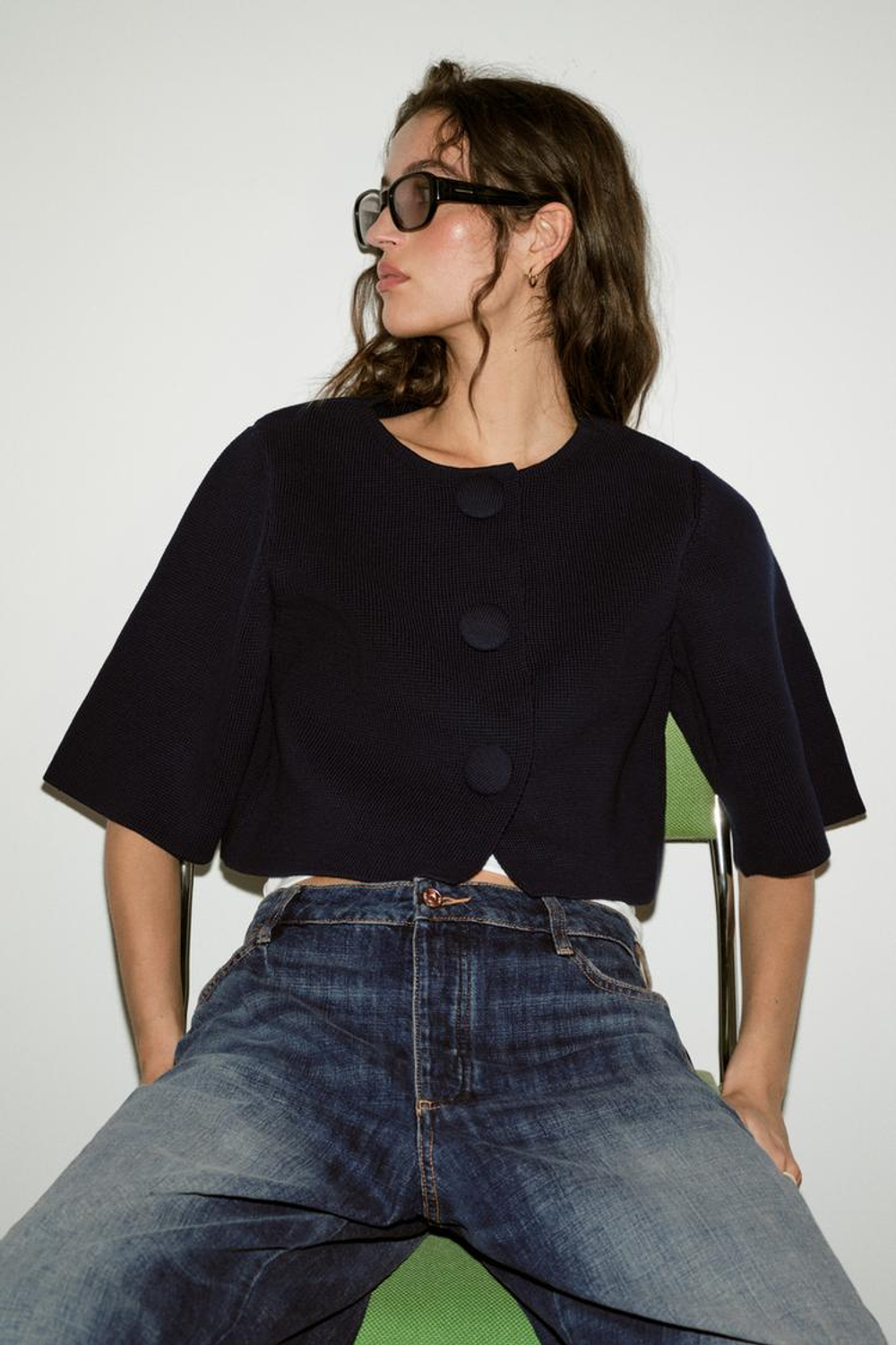 ZARA УКОРОЧЕННЫЙ ВЯЗАНЫЙ КАРДИГАН, МОРСКОЙ СИНИЙ