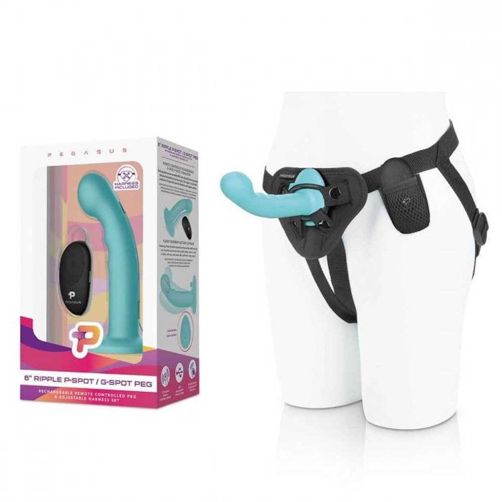 Голубая изогнутая насадка 6in Remote Control Ripple P-Spot G-Spot на черных трусиках - 16 см. (Цвет: голубой с черным)