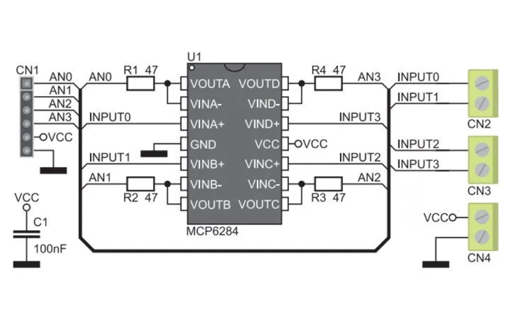 Плата - аналоговый усилитель напряжения ME-MIKROBUFFER-PROTO-BOARD (MCP6284-E/S SOIC14)
