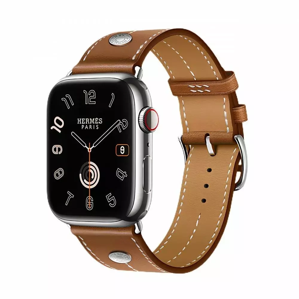 Apple Watch Series 9 Hermes 45mm, классический кожаный ремешок коричневого цвета c клепкой
