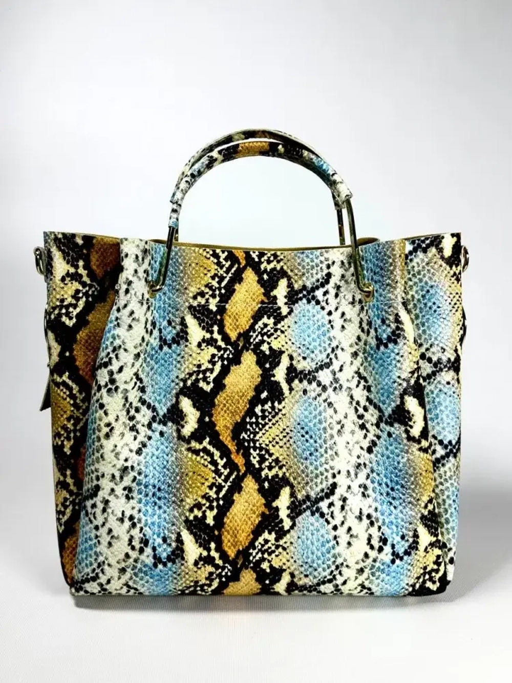 Женская желто-голубая сумка из натуральной кожи с тиснением питон