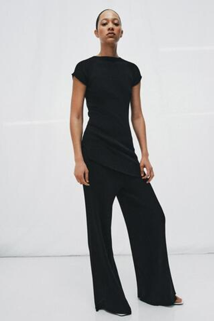 ZARA ШИРОКИЕ ТРИКОТАЖНЫЕ БРЮКИ В РУБЧИК, ЧЕРНЫЙ