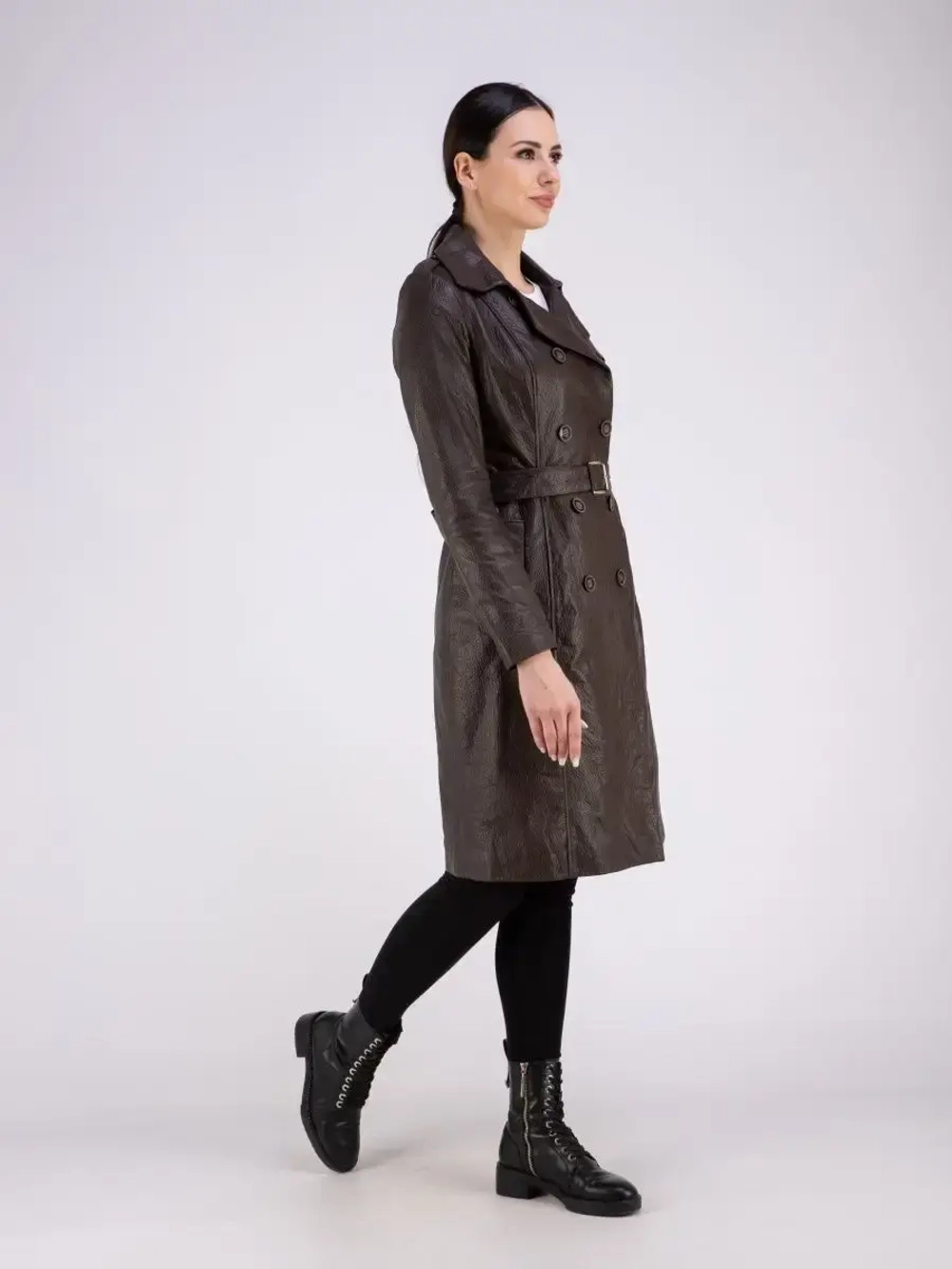 Тренч длинный кожаный с поясом плащ на весну