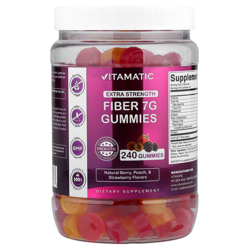 Vitamatic, жевательные мармеладки с клетчаткой, со вкусом натуральных ягод, персика и клубники, 240 жевательных таблеток