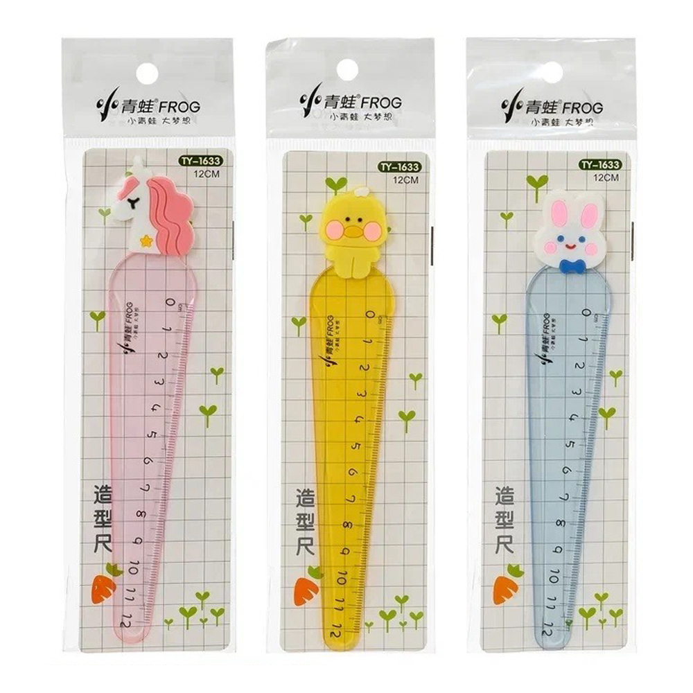 Линейка Basir пластиковая, фигурная, серия "Животные", с фигурной насадкой зайчика, единорога и утёнка, размер - 12 см