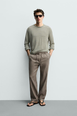 ZARA БРЮКИ RELAXED FIT ИЗ ХЛОПКА И ЛЬНА, СЕРО-КОРИЧНЕВЫЙ