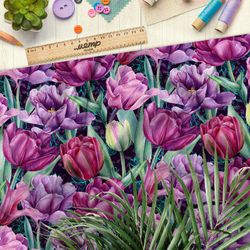 Ткань лён живописные тюльпаны на чёрном фоне