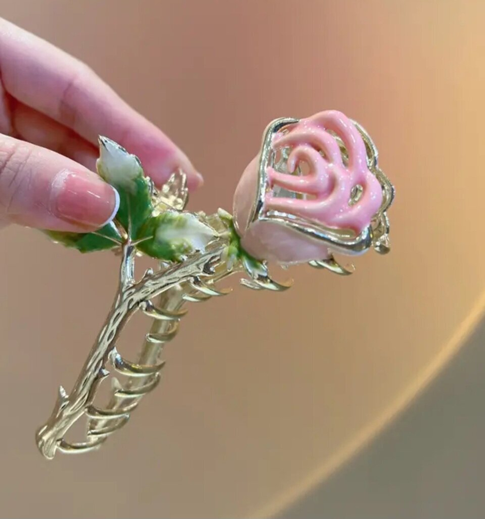 Заколка - краб для волос  цветок "Нежная роза". Цвет розовый. Металл.Усиленная.