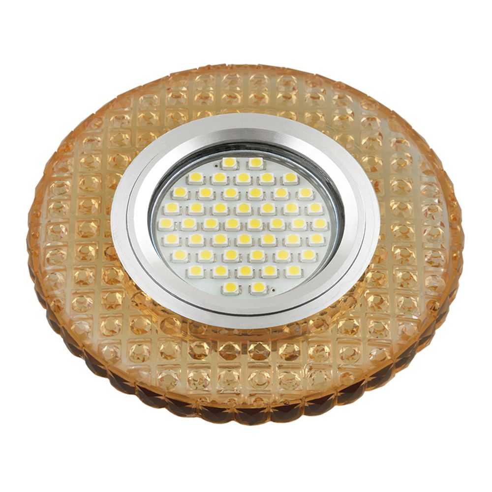 DLS-L143 GU5.3 GLASSY/GOLD Светильник декоративный встраиваемый, серия Luciole. Без лампы, цоколь GU5.3. Доп. светодиодная подсветка 3Вт. Стекло. Зерк
