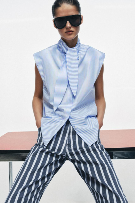 ZARA РУБАШКА С ЗАВЯЗКАМИ — ZW COLLECTION, СИНИЙ/БЕЛЫЙ