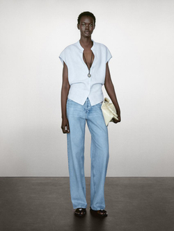 Massimo Dutti Блуза из 100% струящегося льна с открытой горловиной, синий