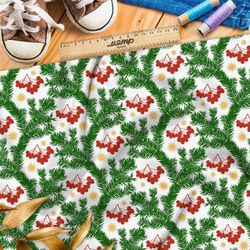 Ткань шифон узор из еловых веток и рябины