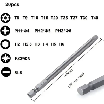 Набор бит, длинный, магнитный набор бит, 20 шт., шлицевые биты, шестигранник 1/4 дюйма