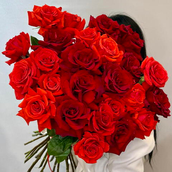 «Пламя и бархат» монобукет из 25 французских роз Нина и Эксплорер