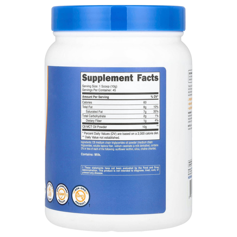 Nutricost, Масло C8 MCT в порошке, без ароматизаторов, 454 г (16,2 унции)