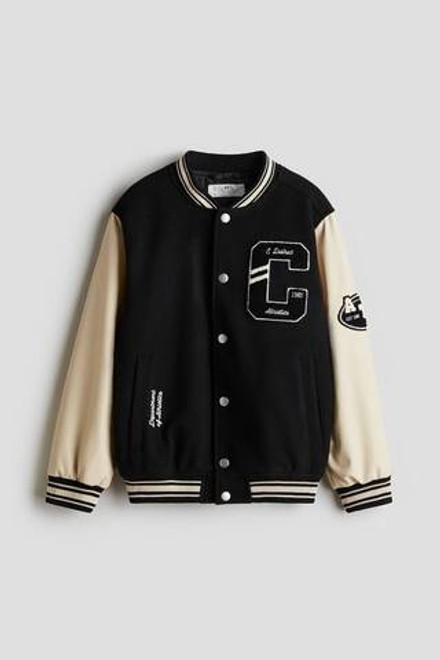 H&M Куртка-бомбер с вышивкой, черный/экрю