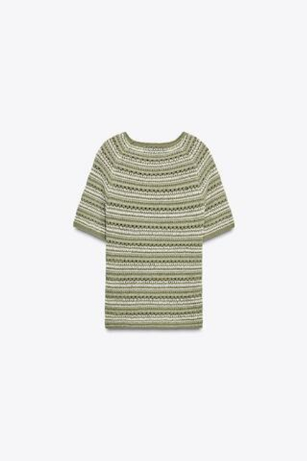 ZARA ТРИКОТАЖНЫЙ ТОП С КОРОТКИМИ РУКАВАМИ, ЗЕЛЕНЫЙ/ЭКРЮ